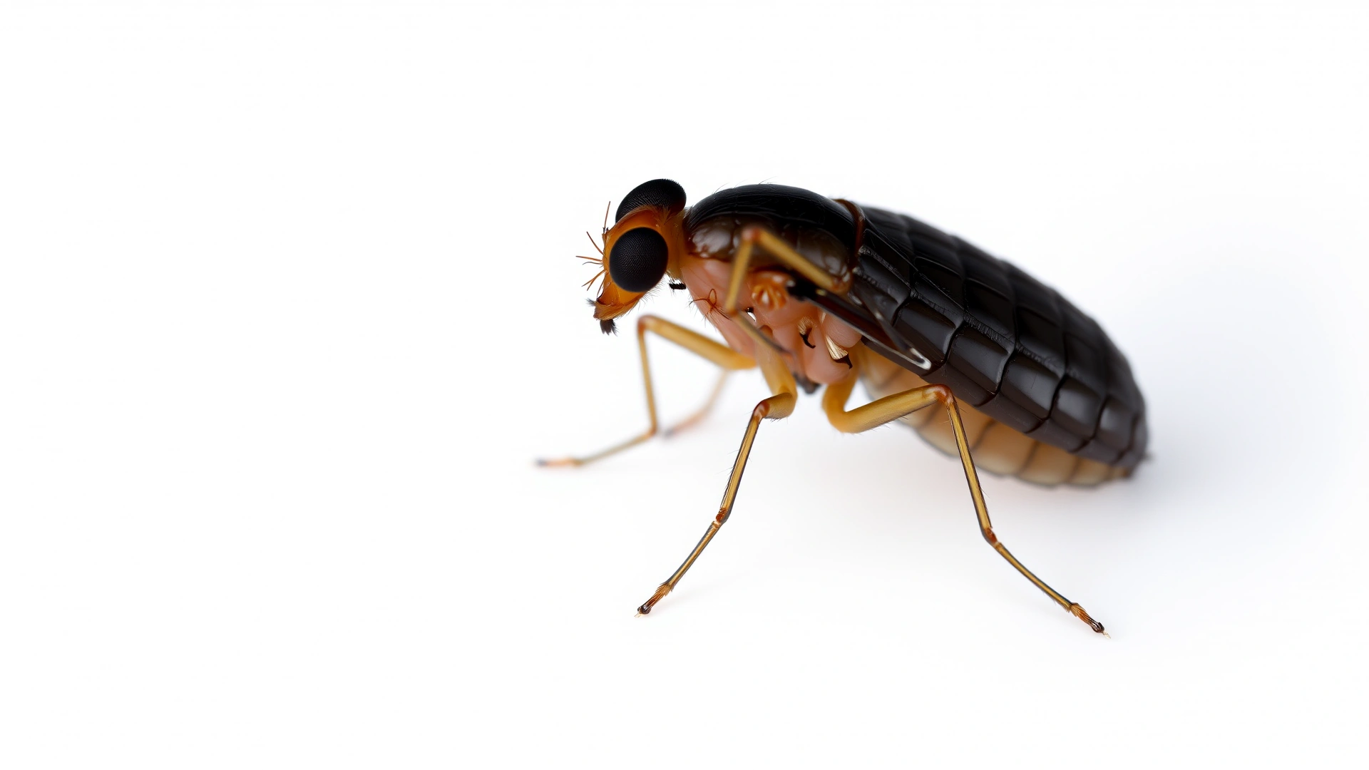 Extreme macro photograph of a single flea against a white background, showing detailed body structure and long hind legs, high resolution