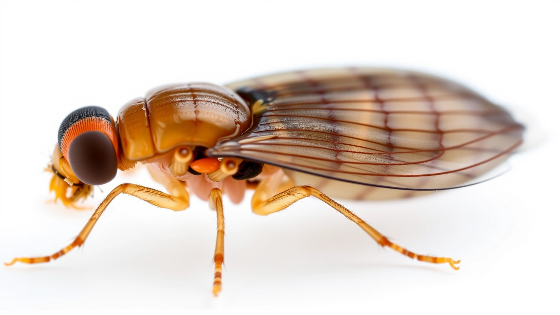 Extreme macro photograph of a single flea against a pure white background, showing detailed legs and body segments in sharp focus
