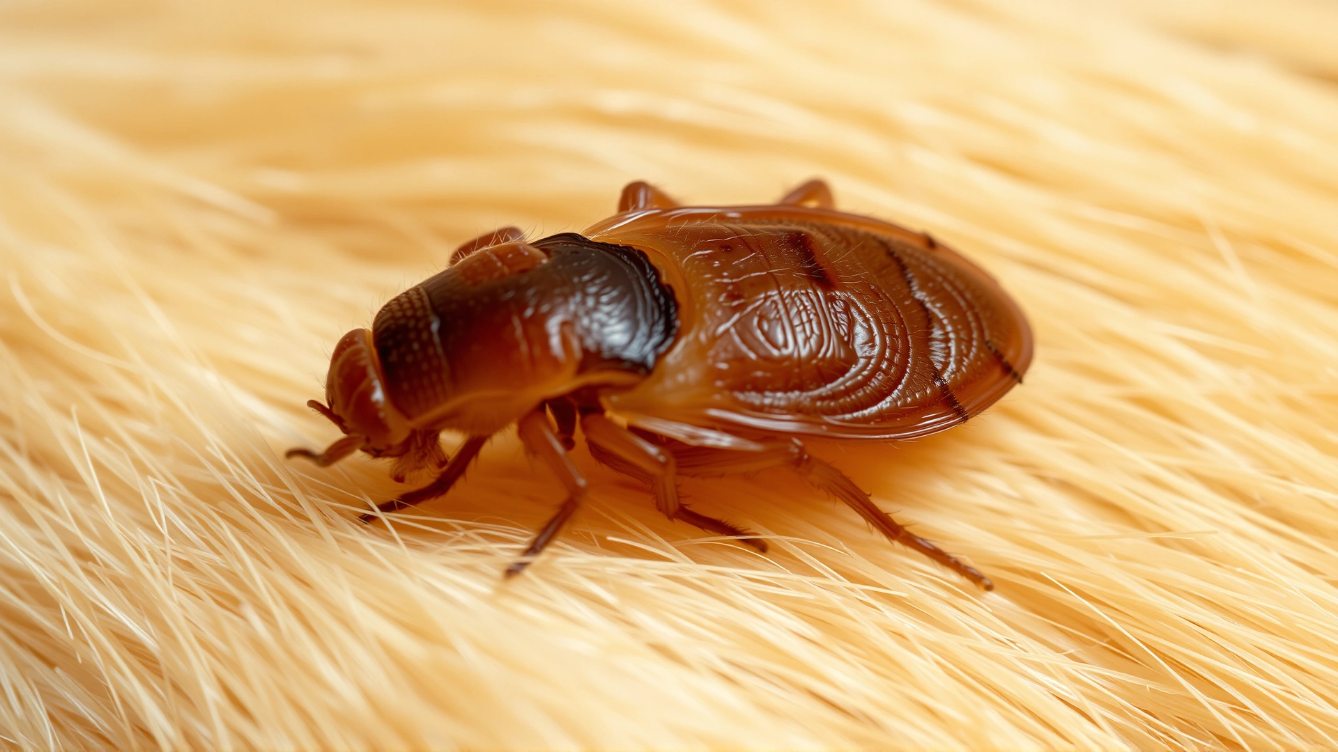 Extreme macro photograph of an adult flea crawling through light-colored dog fur