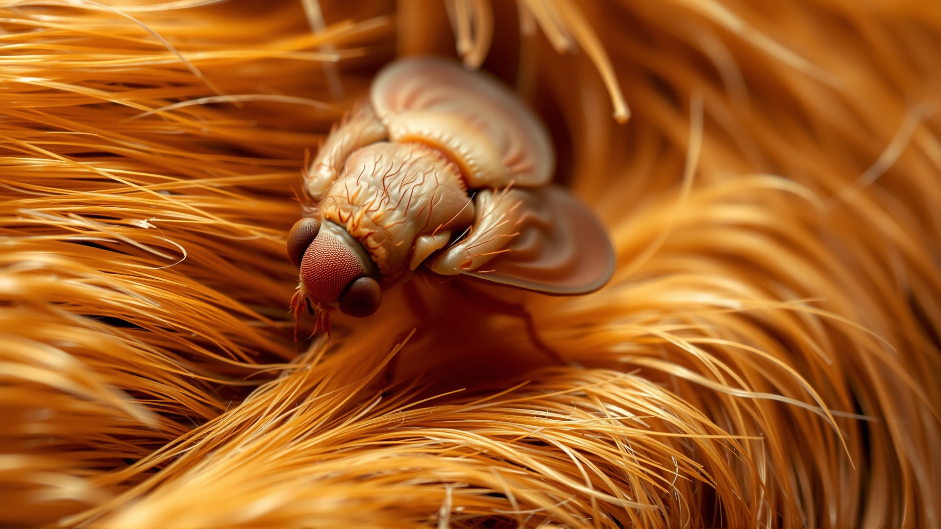 Extreme close-up photo of a flea nestled within golden dog fur, sharp focus on the insect, no text