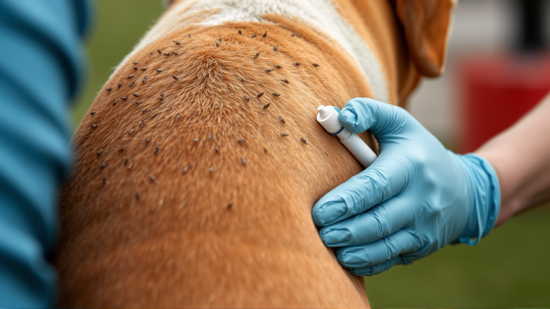 Close-up of a person applying topical flea and tick prevention to a dog's back