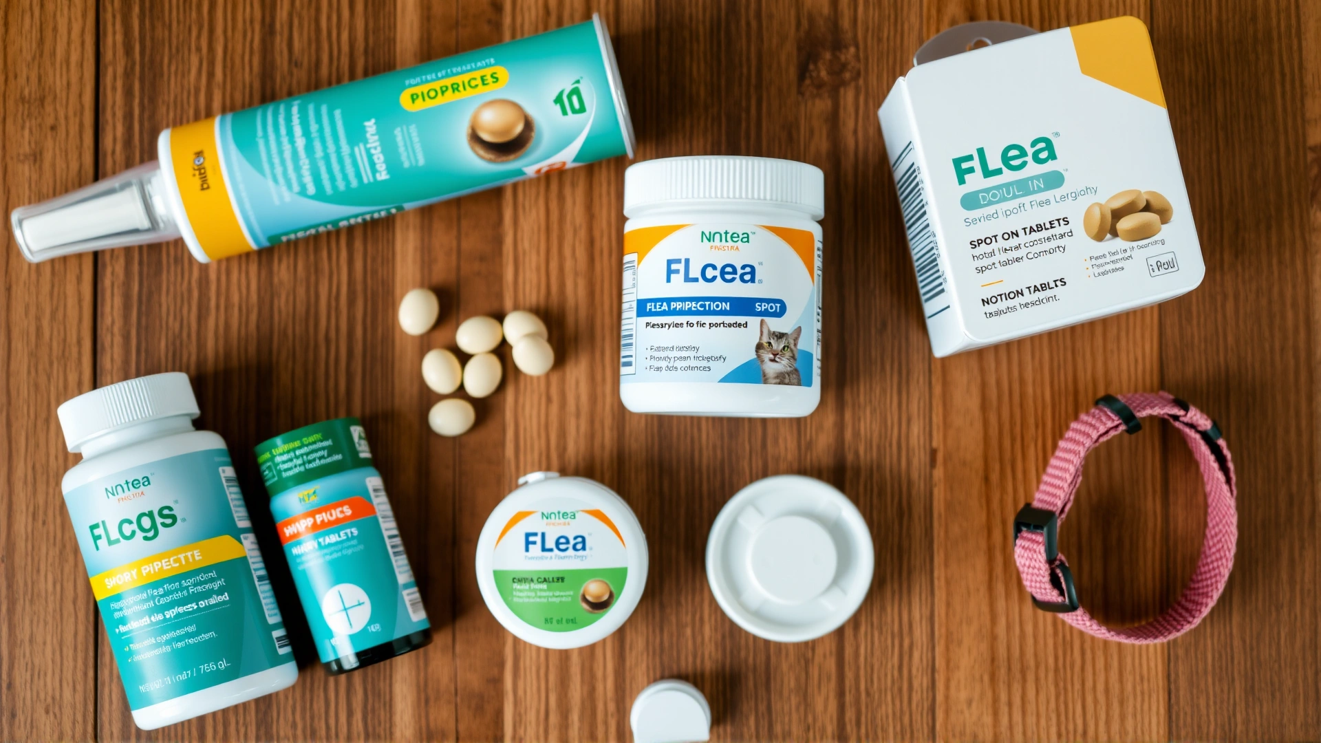 Top-down flat lay of various modern flea prevention products for cats—spot-on pipettes, chewable tablets and a flea collar—arranged neatly on a wooden surface. No text.