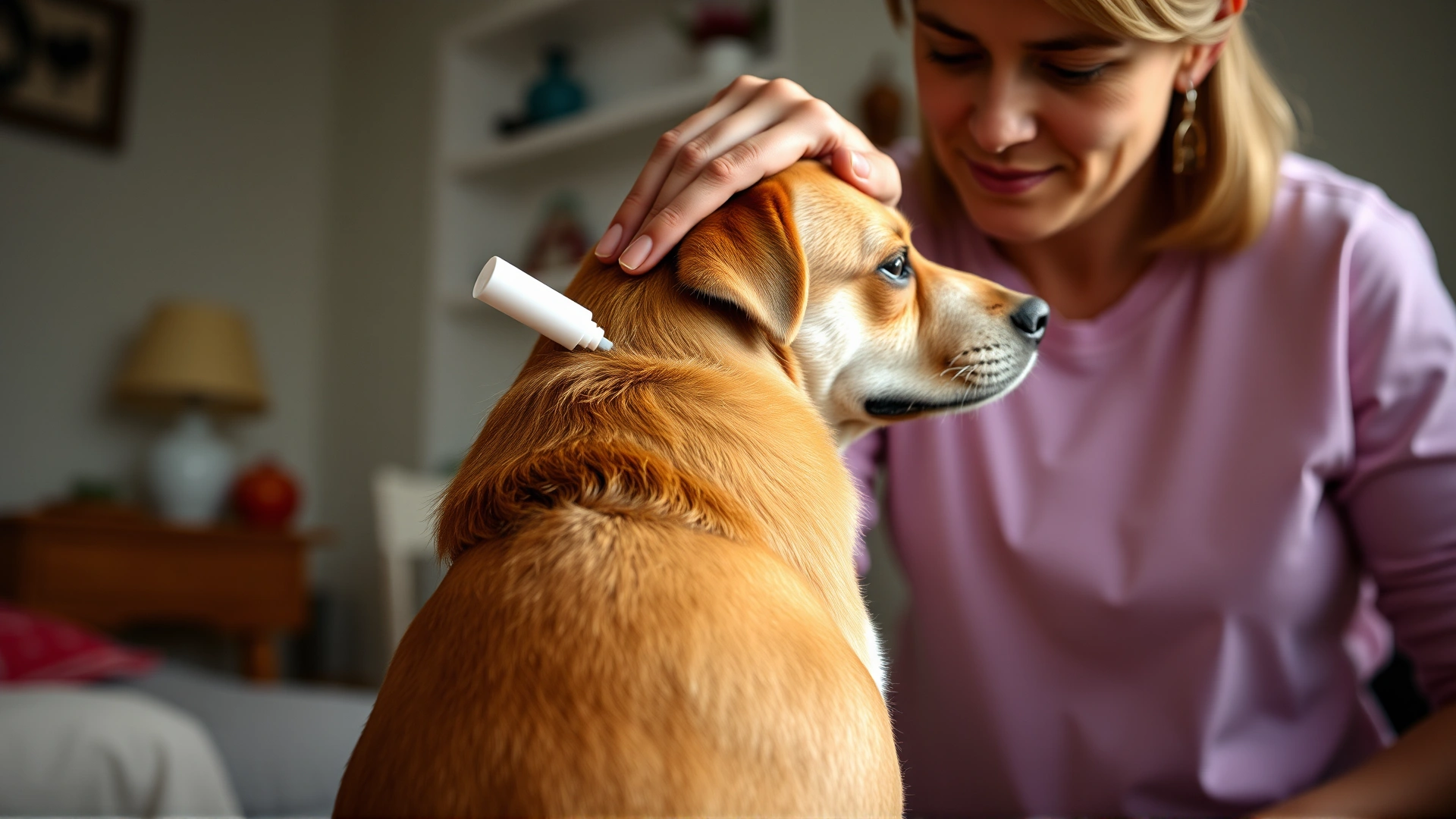 Owner applying topical flea medication on back of a short-haired dog at home, soft natural light