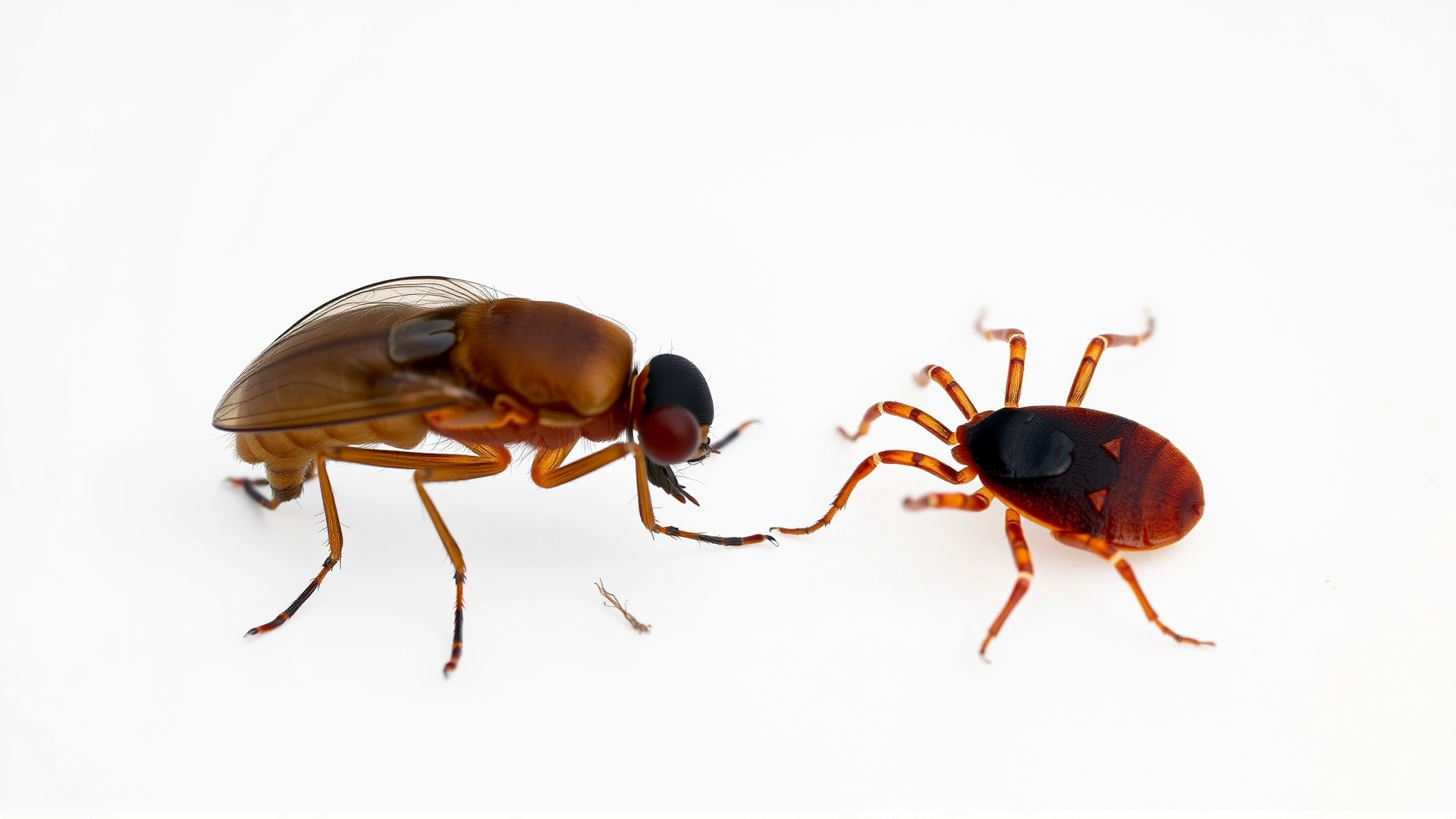 Macro photograph showing a flea and a tick side by side on a white background to highlight size and details
