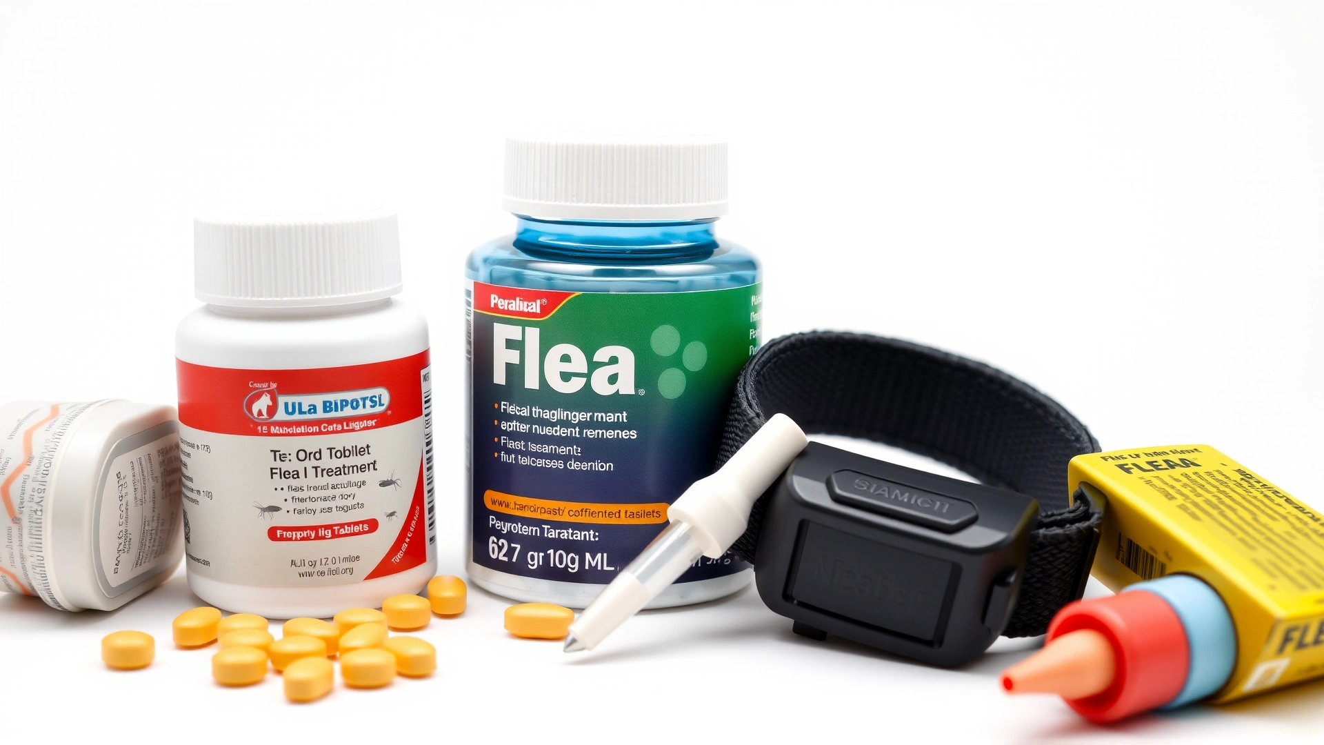 Assorted flea treatment products (oral tablets, topical pipettes, flea collar) neatly arranged on a white background