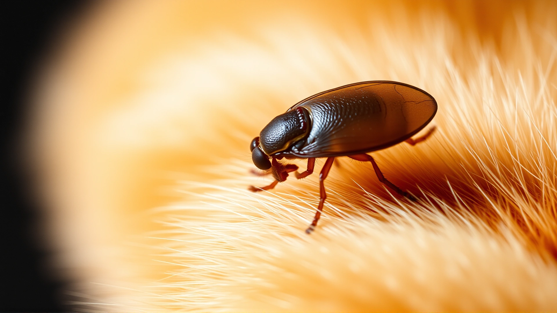 Macro photograph of a flea on orange tabby cat fur, sharp focus on the flea, blurred background, no text.