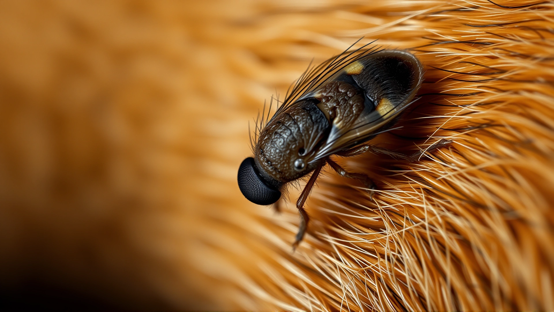 Extreme close-up macro photograph of a flea crawling through dog fur, high detail, sharp focus
