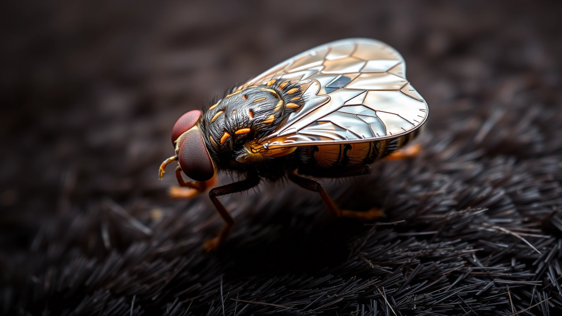 Extreme macro shot of a flea on animal fur, detailed texture, high contrast, scientific style.