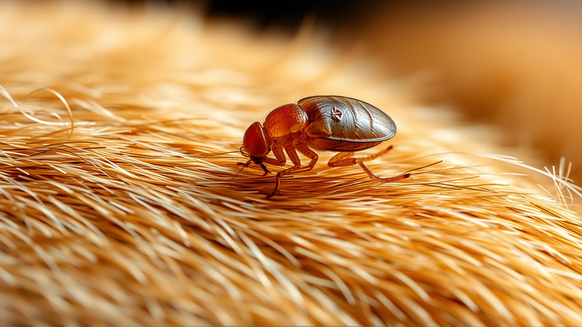 Macro shot of a flea on cat fur illustrating external parasites, high detail, no text