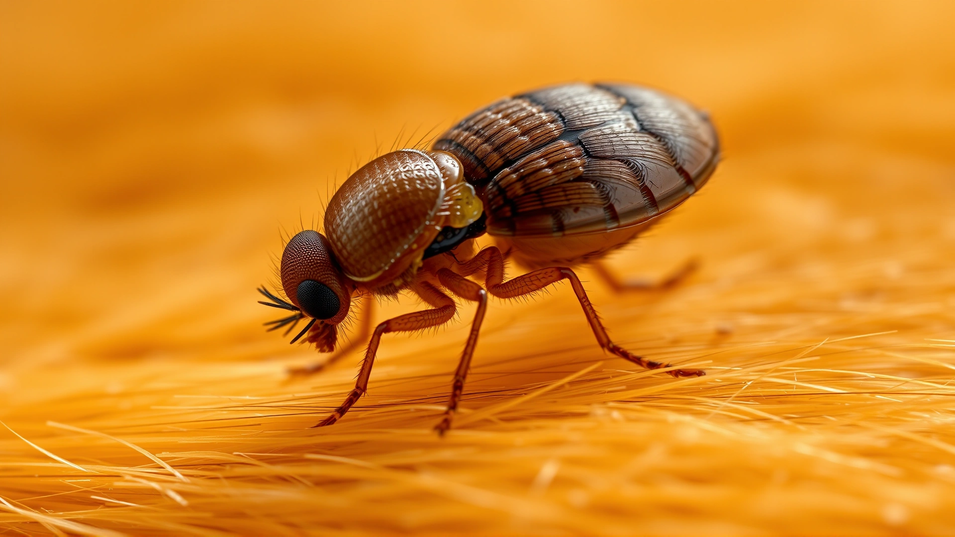 Macro shot of an adult flea on golden-brown dog fur, showing detailed anatomy, high clarity