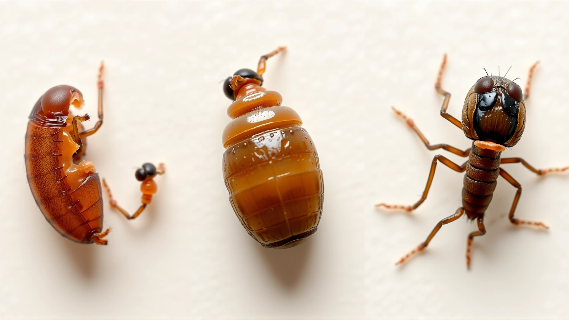 Series of four naturalistic photos arranged together showing flea egg, larva, pupa, and adult stages on a neutral background, no text