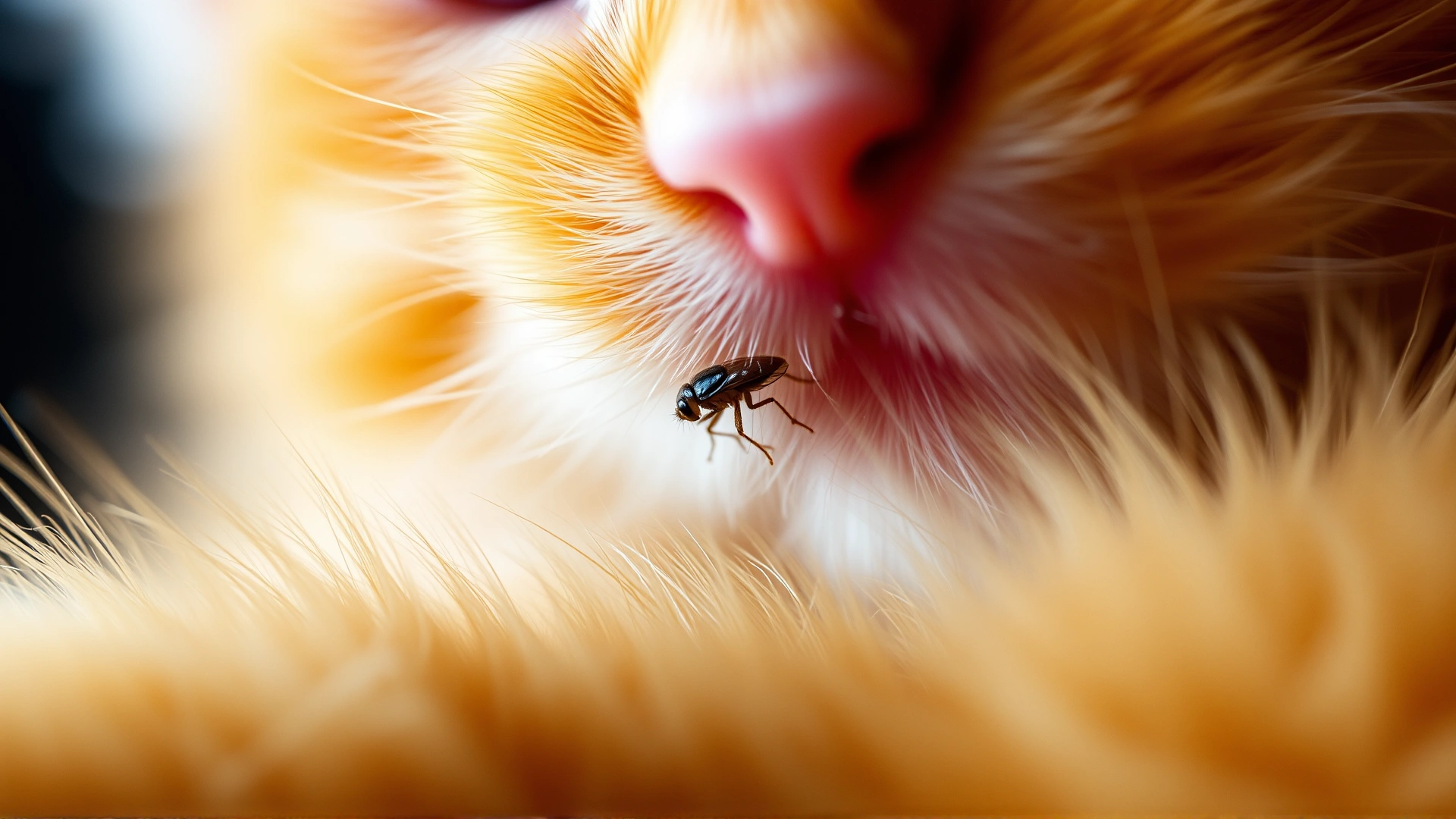 Extreme macro photograph showing a single flea crawling through the dense orange fur of a kitten