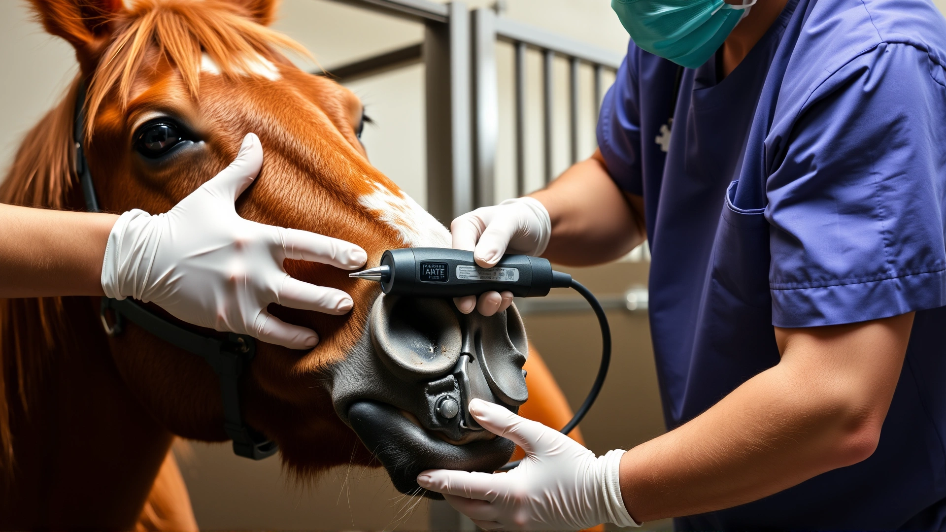 Veterinarian performing dental floating on a chestnut horse using an electric float tool, with assistant steadying the horse; clinical stable setting.