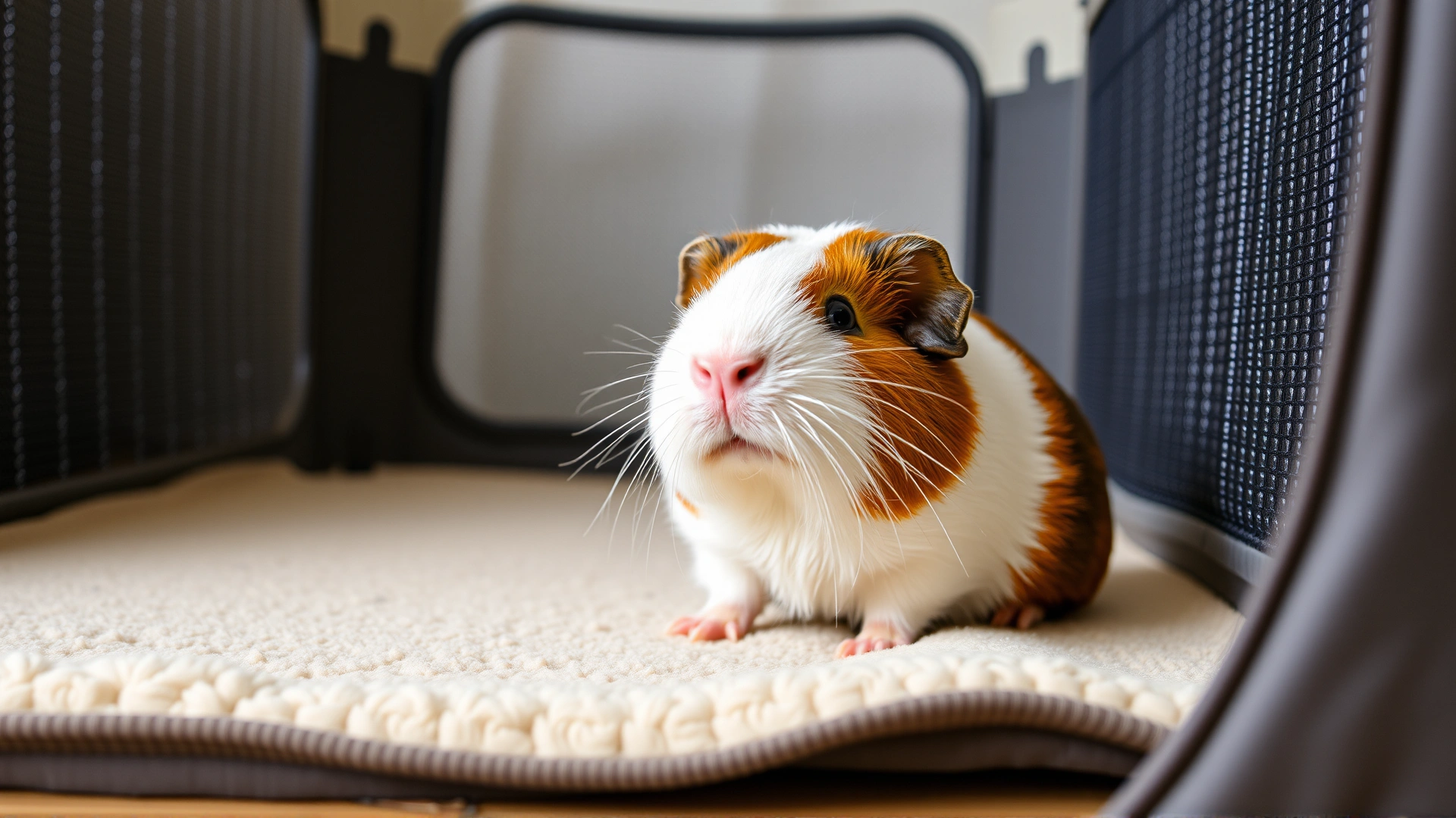 Guinea pig enjoying supervised floor time in a safe playpen with a soft mat
