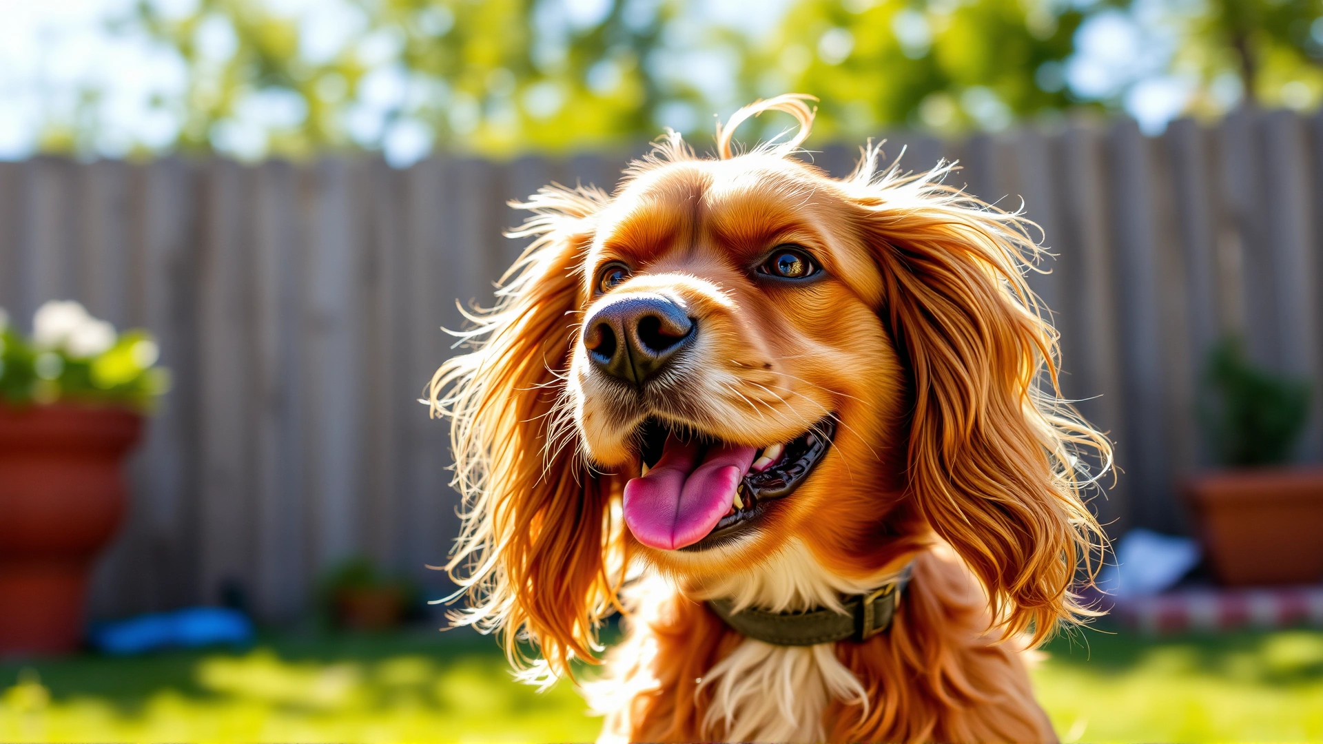 A happy Cocker Spaniel shaking its long floppy ears in a sunny backyard, with motion blur that emphasizes the ear movement.