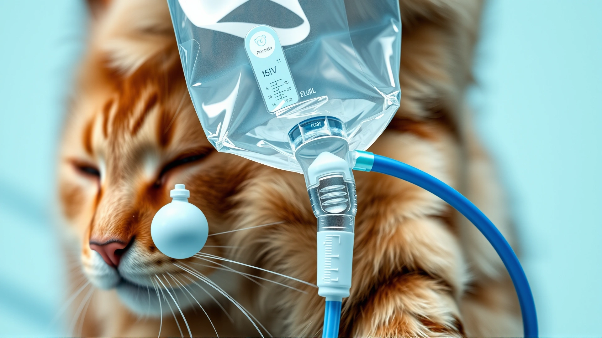 Close-up of an IV fluid bag connected to a catheter in a cat’s front leg, showing the drip chamber and sterile bandage.