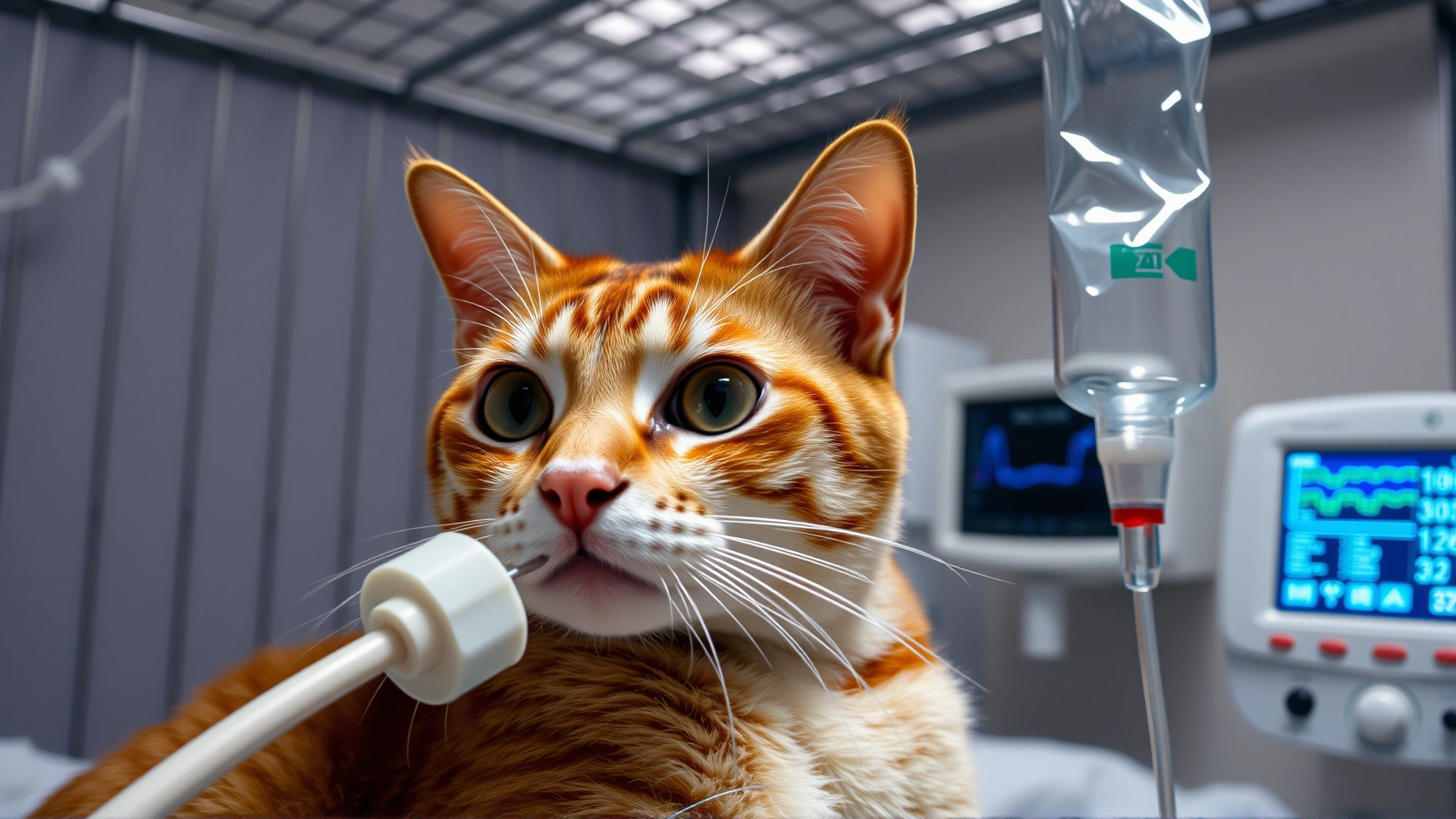 Close-up photo of a cat in a veterinary ICU cage connected to an intravenous fluid line, monitor and IV bag visible, low ambient clinic lighting