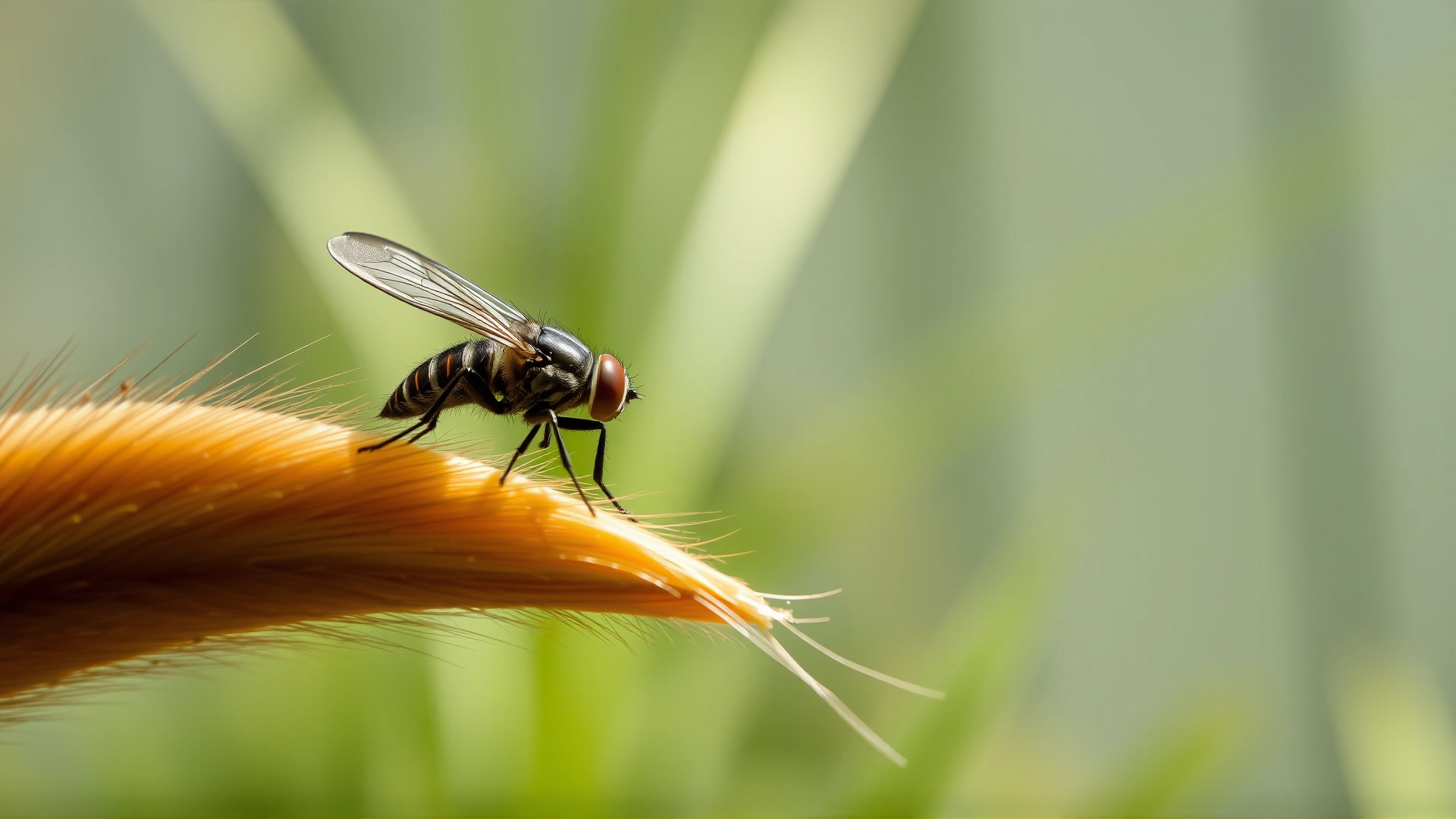 Photo of a horsefly resting on the edge of a cat’s ear, outdoor natural light.