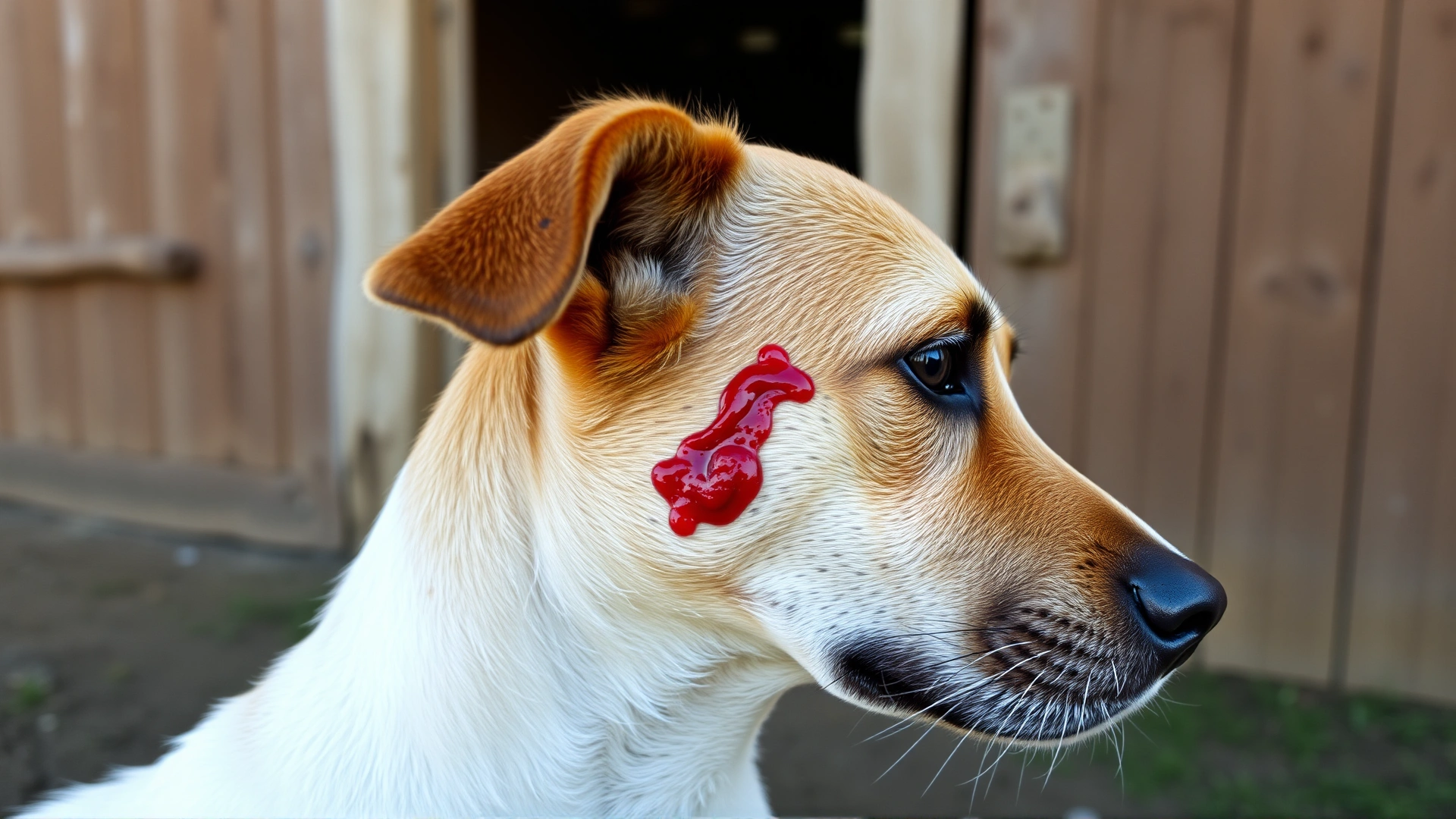 Dog with short fur showing small bleeding bite marks on the ear caused by horseflies, outdoor barn background