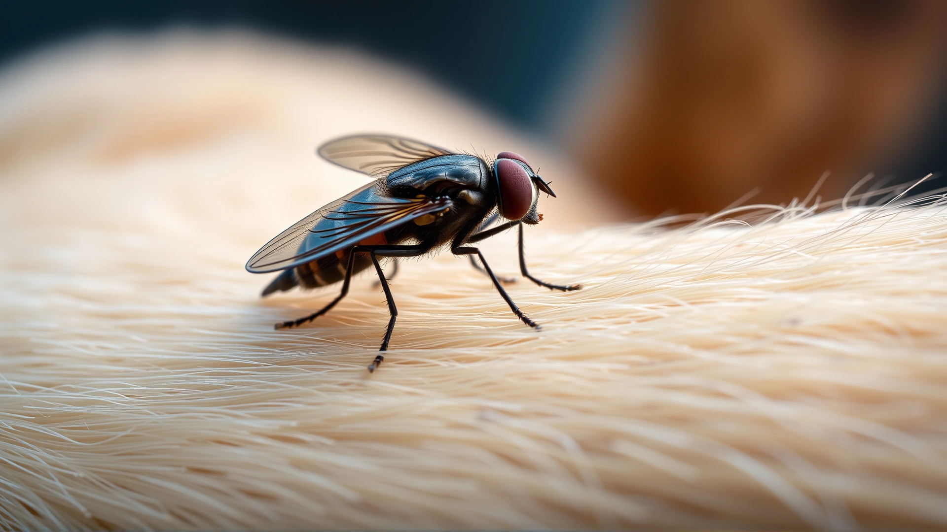 Extreme close-up macro image of a stable fly landing on a dog's light-colored fur, showcasing the fly's detail and the texture of the fur.