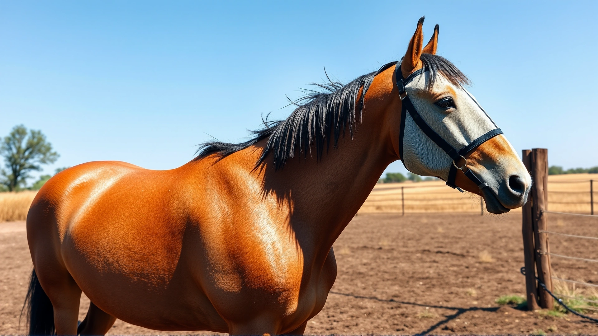 Horse wearing a fly mask and standing in a clean paddock surrounded by minimal flies, sunny day, no text.