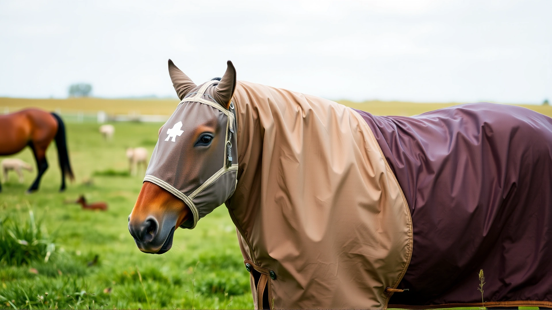 Horse wearing a fly sheet and mask grazing peacefully in a green pasture with minimal flies visible around