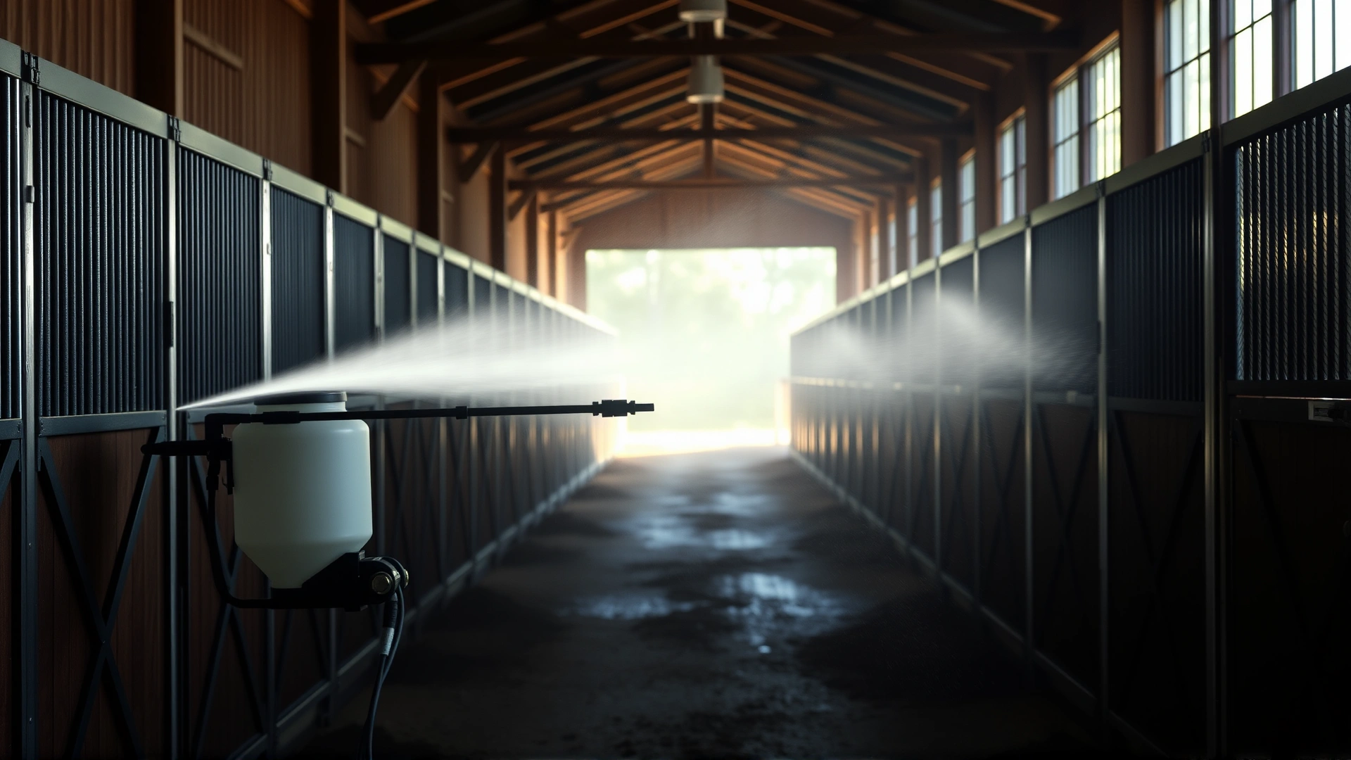 Action shot of automated fly spray system operating in a horse barn aisle, mist visible in sunlight rays.