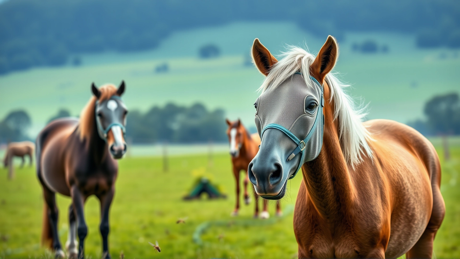 A pastoral paddock with horses wearing fly masks and minimal insects visible, representing proper fly control practices.