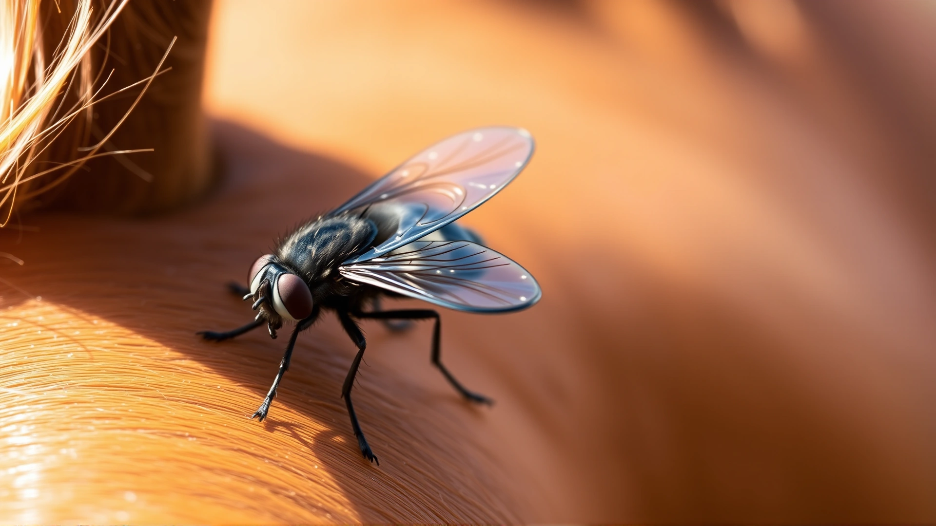 Macro shot of a small stable fly on a horse's chestnut coat, showing detailed texture of the insect and horse hair, soft natural lighting.