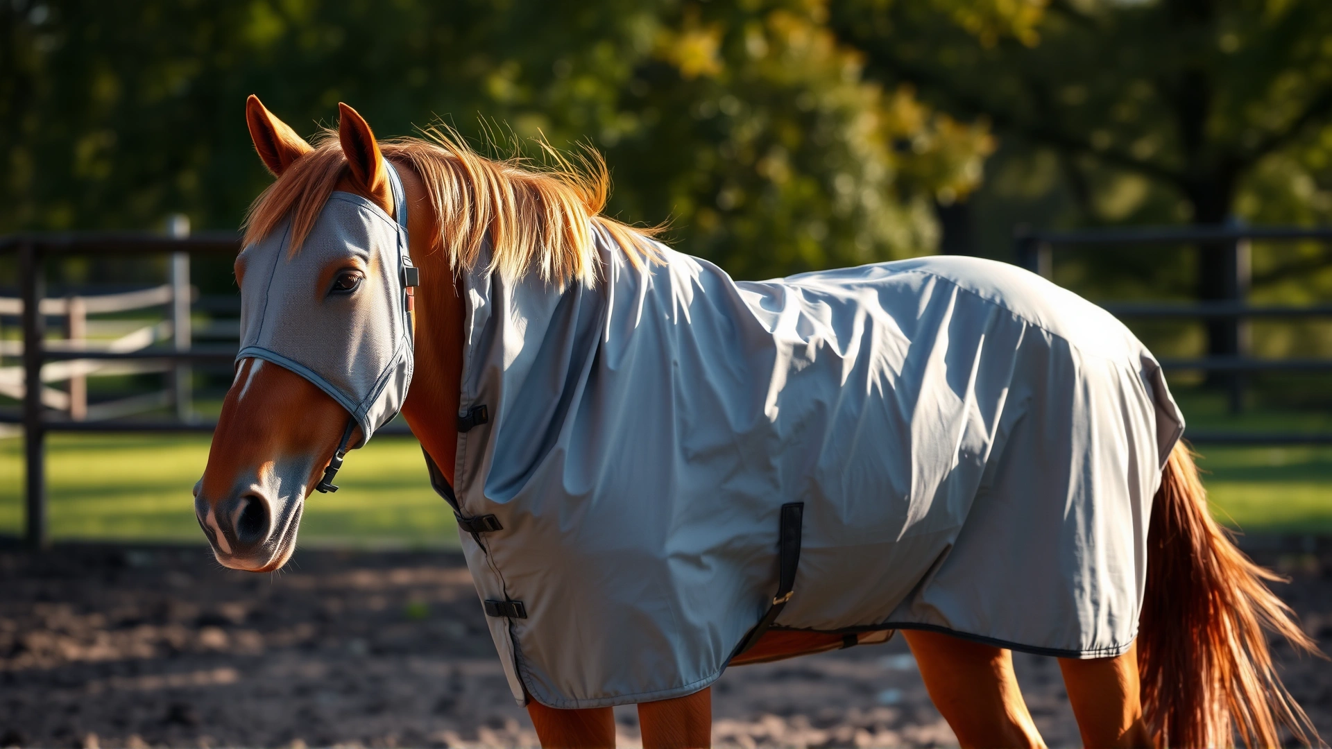Chestnut horse wearing a light grey fly sheet and full-face mask standing calmly in a sunlit paddock.