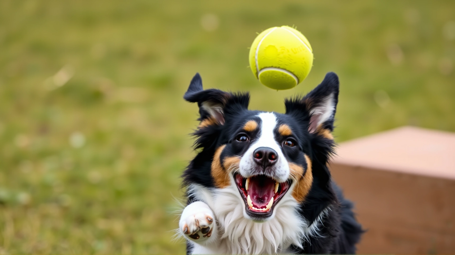 Close-up of a Border Collie catching a tennis ball emerging from a flyball box during an outdoor practice session, frozen mid-air, grassy background