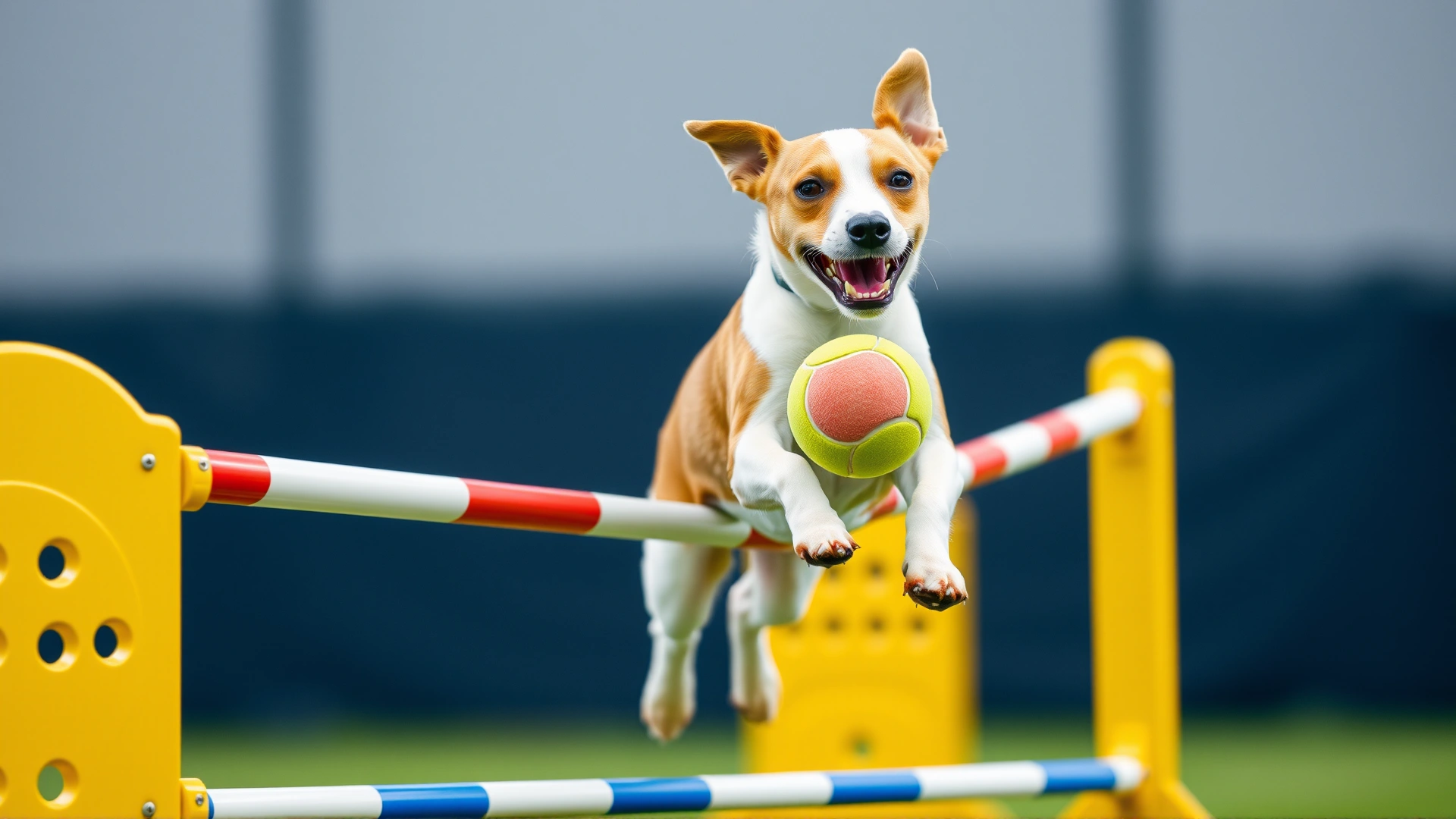 Action shot of a Jack Russell terrier leaping over a hurdle with a tennis ball in its mouth during a flyball competition.