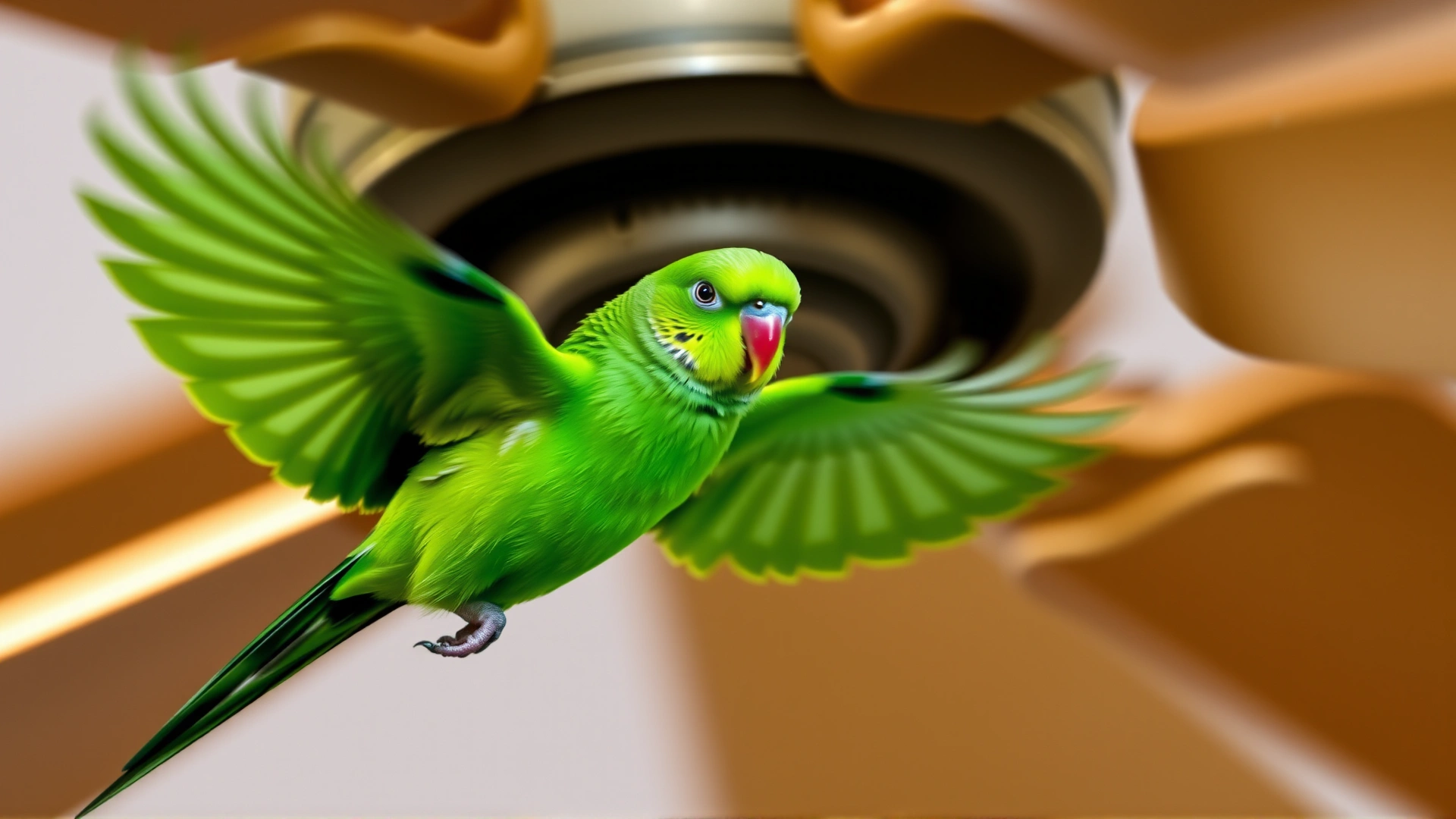 Small green parakeet in mid-flight dangerously close to spinning ceiling fan blades, slight motion blur on the fan, indoor lighting, no text