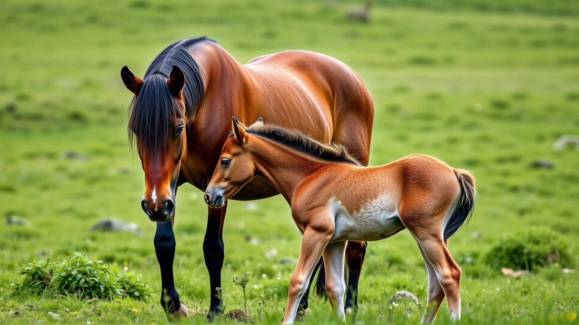 Tender moment between a mare and her foal in a green field, illustrating growth and maternal care