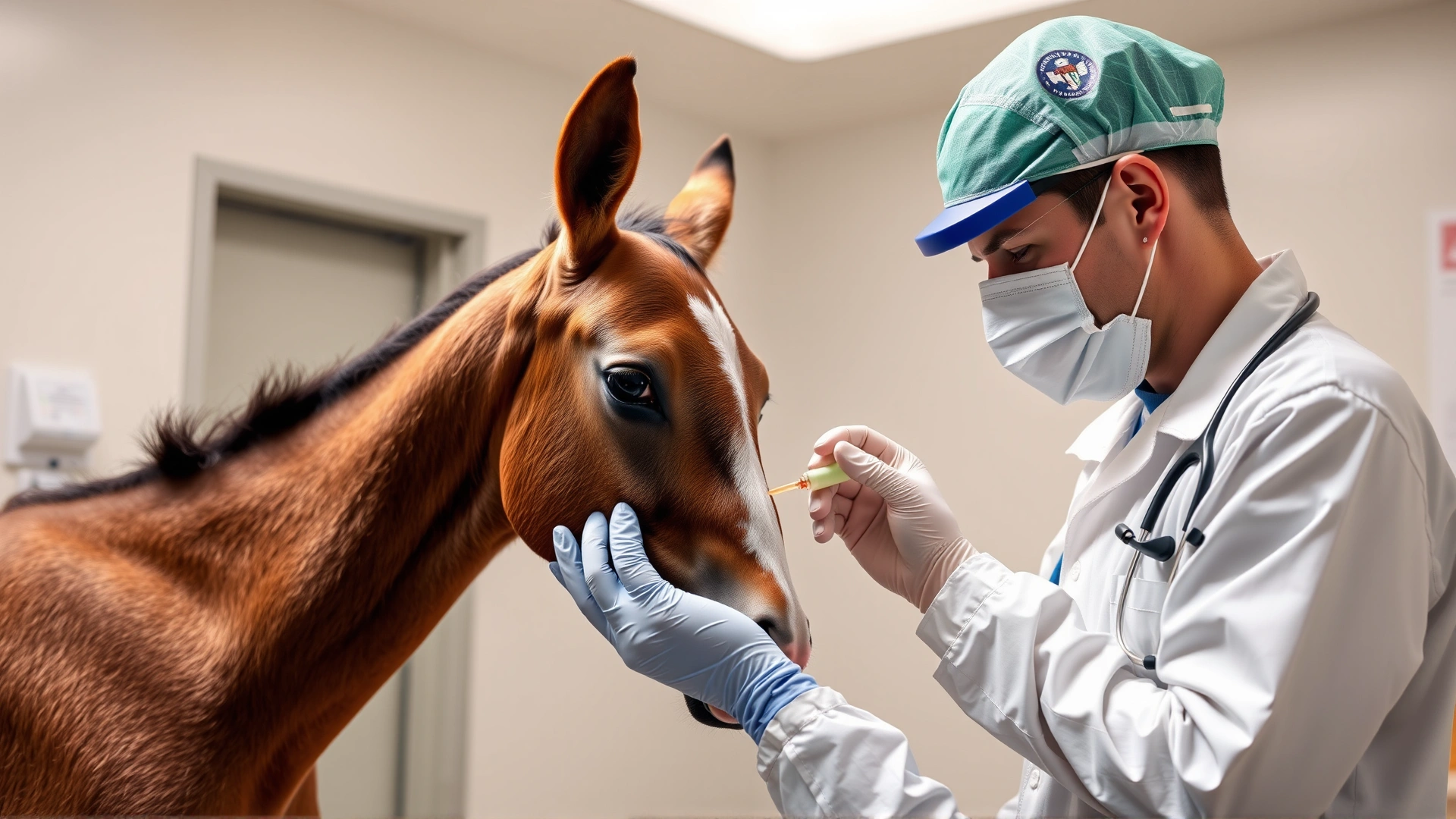 Veterinarian in equine clinic drawing a small blood sample from a calm foal's jugular vein, sterile environment, no text.