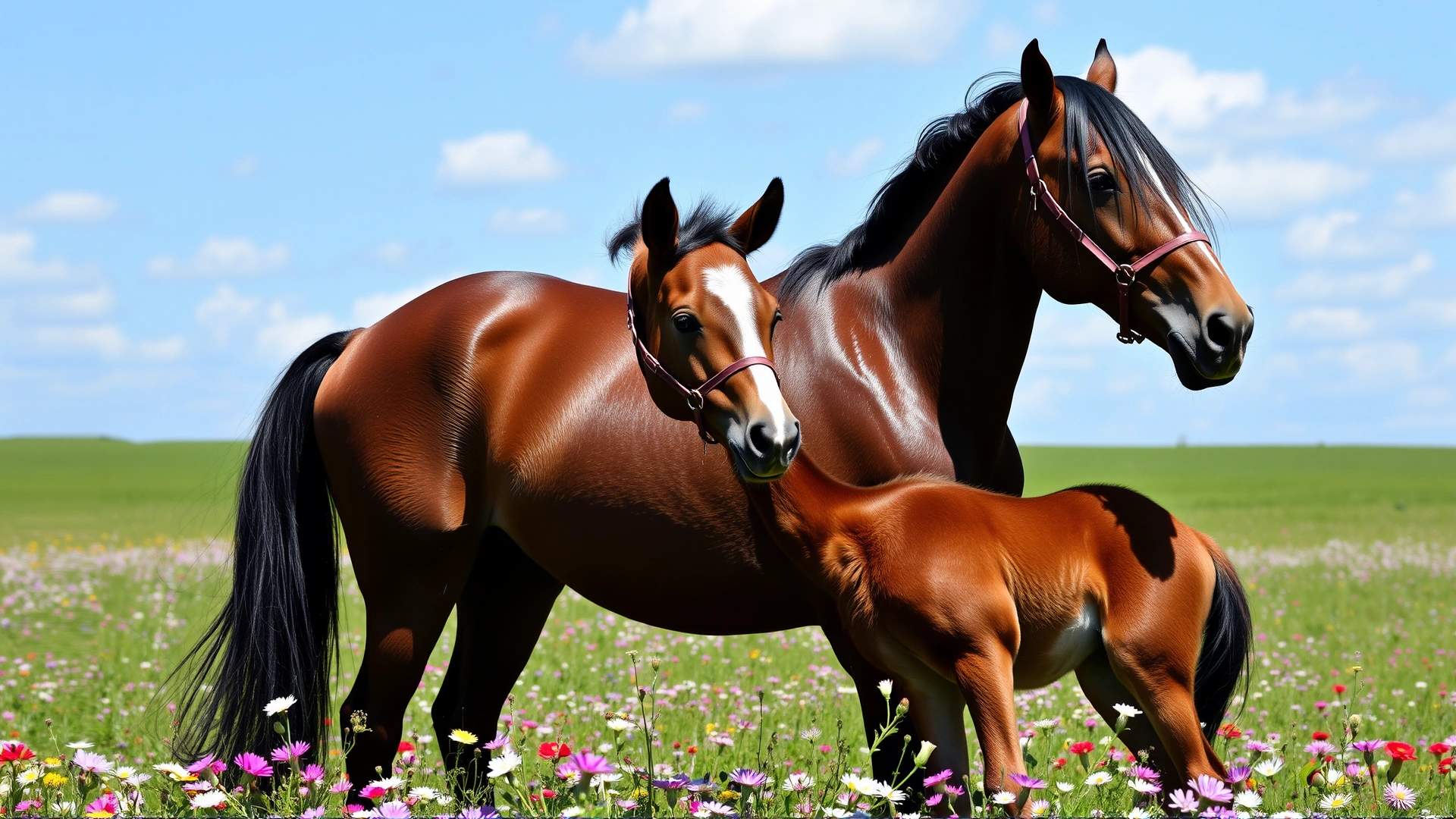 A Dutch Harness Horse mare standing protectively beside her playful foal in a flowering meadow under a blue sky.