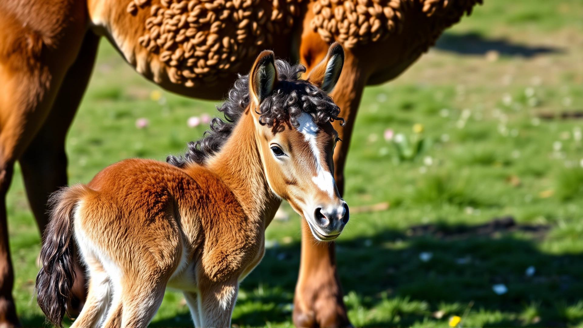 Playful Bashkir Curly foal with tight curls standing next to its curly-coated dam in a spring pasture, bright and cheerful atmosphere, no text.