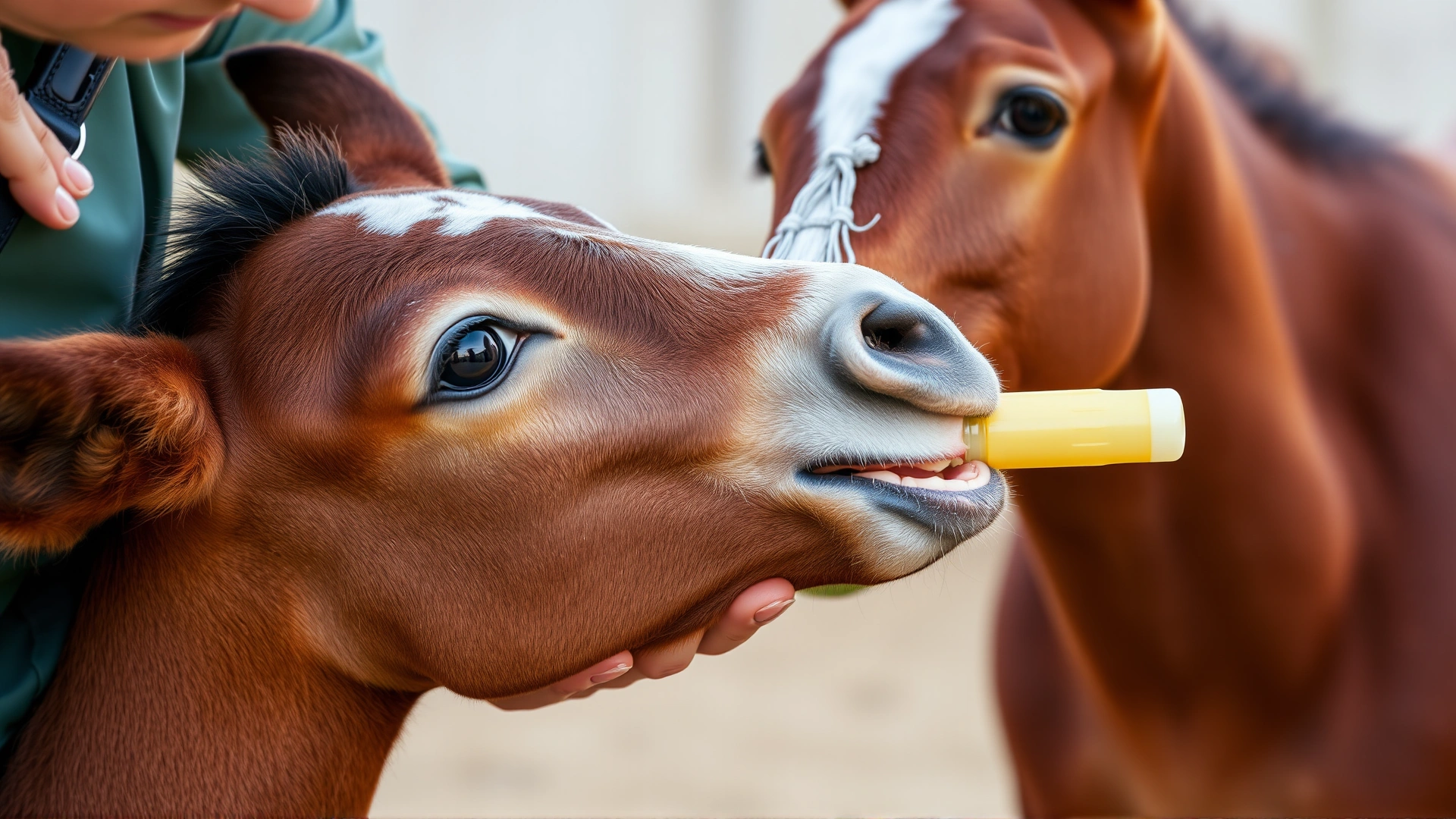 Close-up of a young foal bottle-feeding while a caretaker gently supports its head, illustrating risk factors for aspiration.