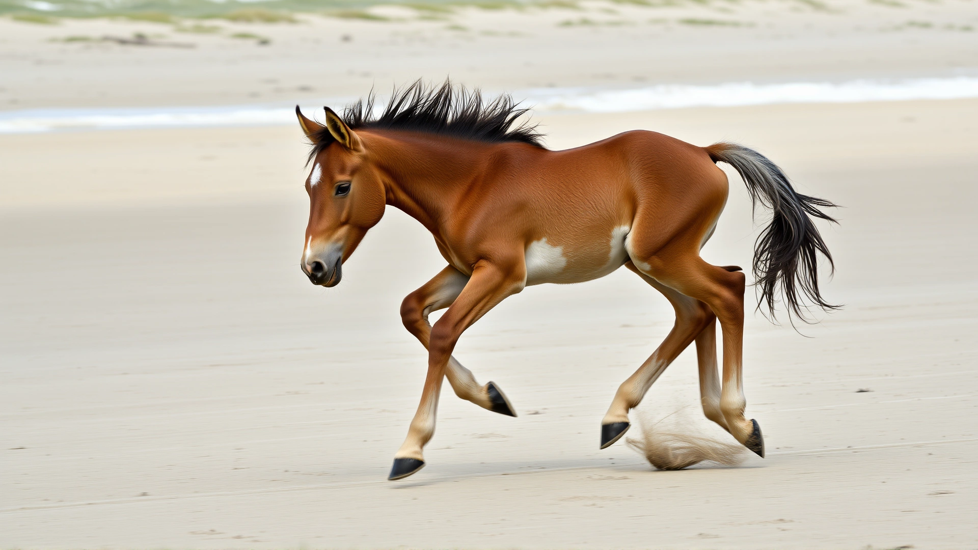 Young foal of Assateague pony galloping playfully across sandy beach, motion blur, no text