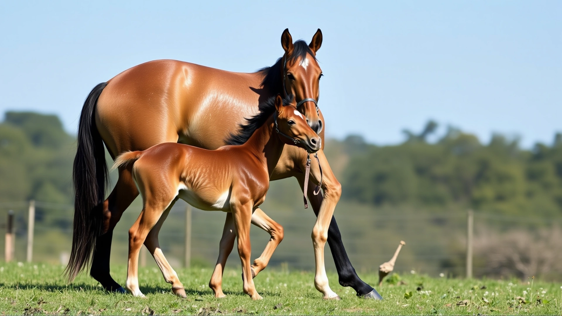 Mare trotting alongside her week-old foal in an open paddock, illustrating the postpartum period known as foal heat; clear sky; no text.