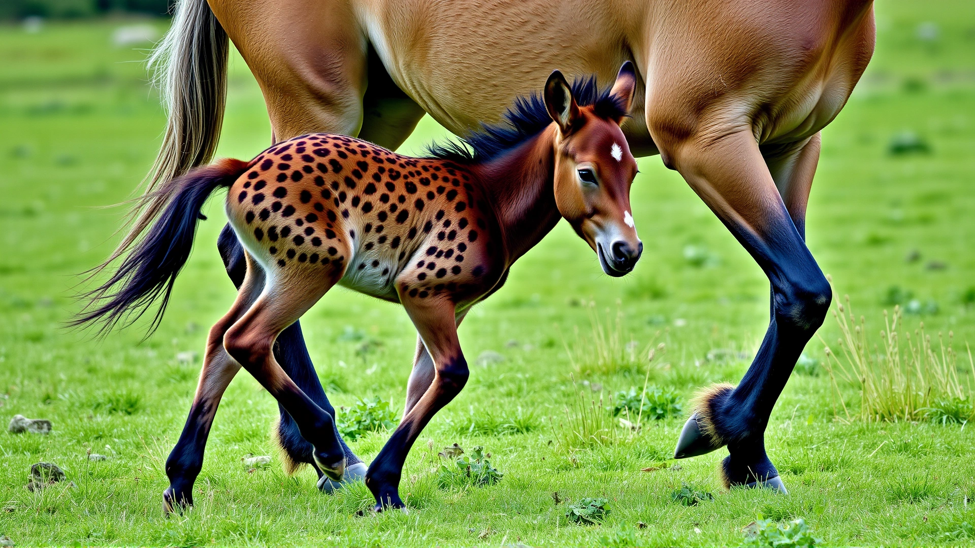 Adorable Knabstrupper foal with tiny leopard spots trotting beside its dam in a green field