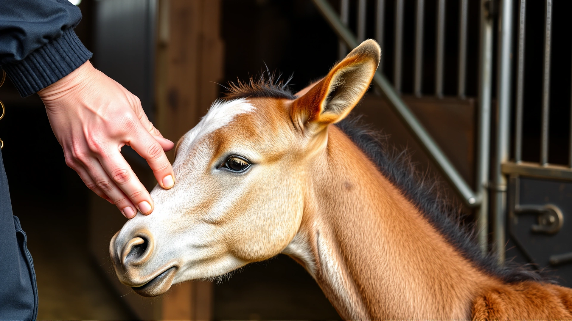 Close-up of a trainer gently rubbing a newborn foal’s ear inside a stable to illustrate imprint training; natural warm lighting