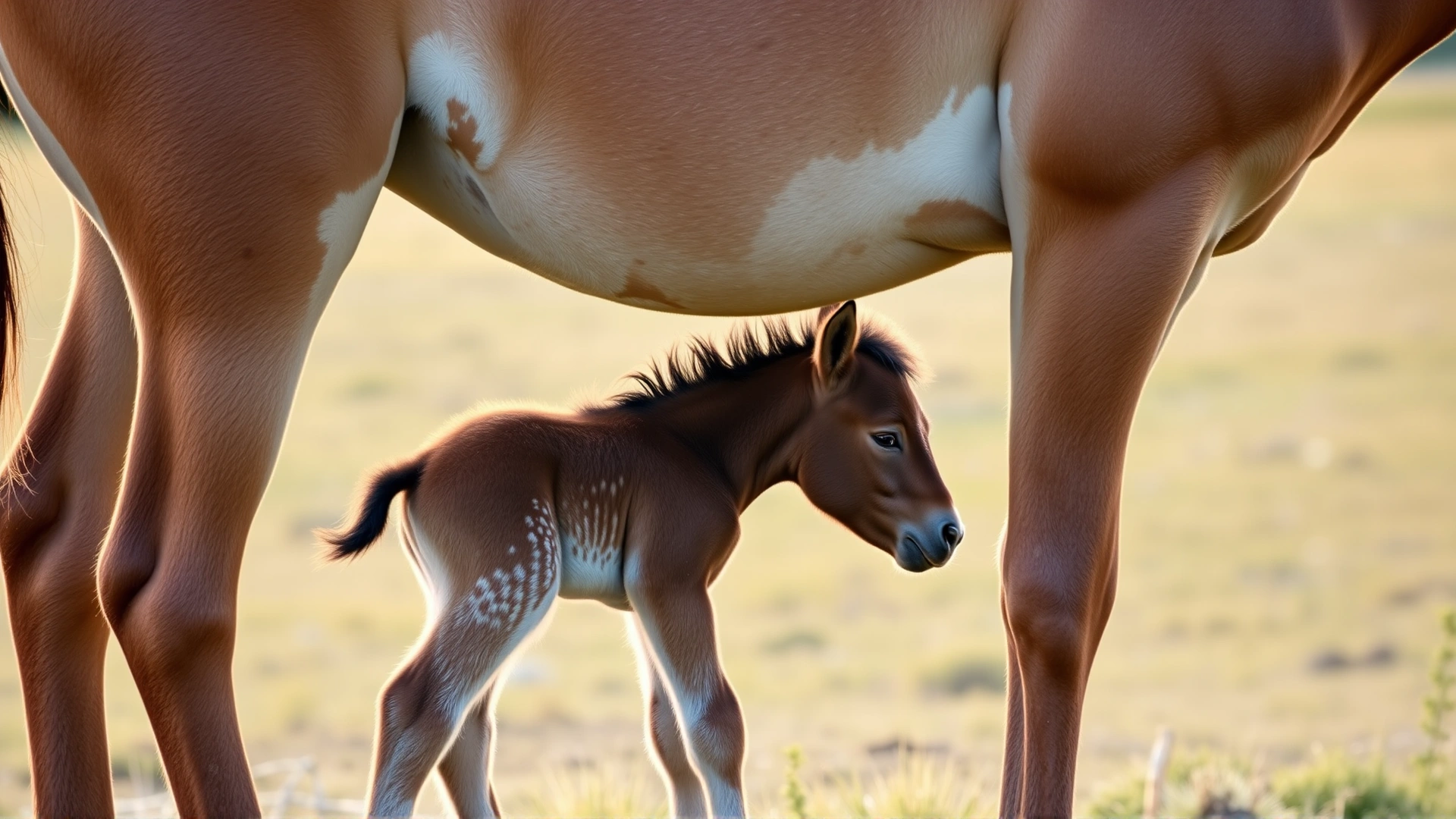 Side view of a newborn foal successfully nursing from its dam in a natural pasture setting under soft daylight, no text.