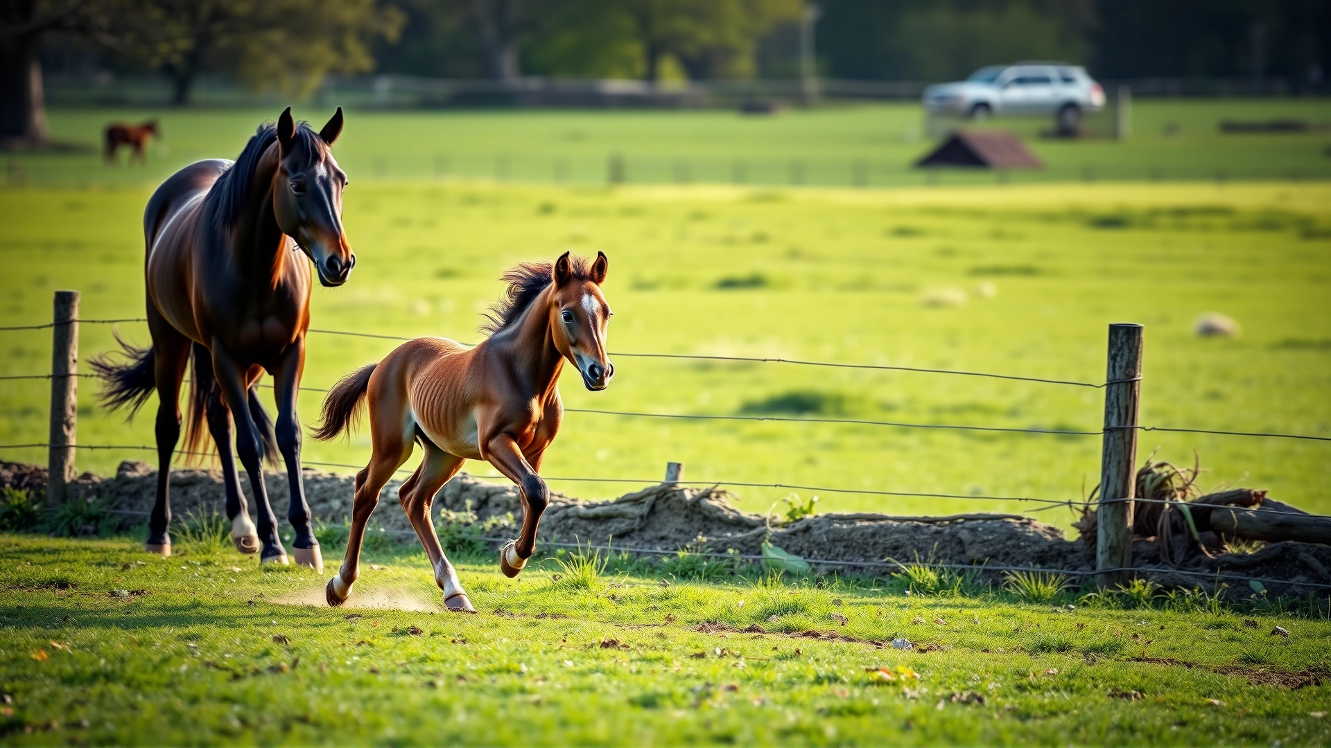 Playful Lusitano foal galloping beside its dam in a lush green paddock on a spring morning.