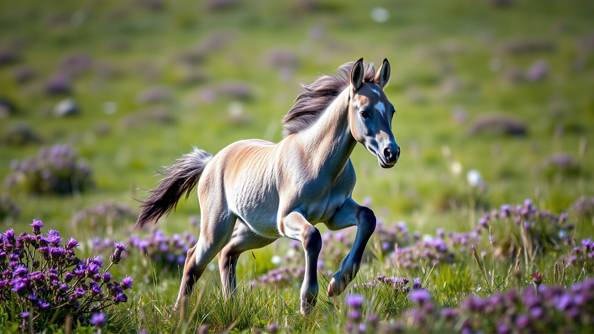 Young grey Eriskay foal playfully running through a grassy meadow dotted with purple heather flowers, shallow depth of field, bright daylight.