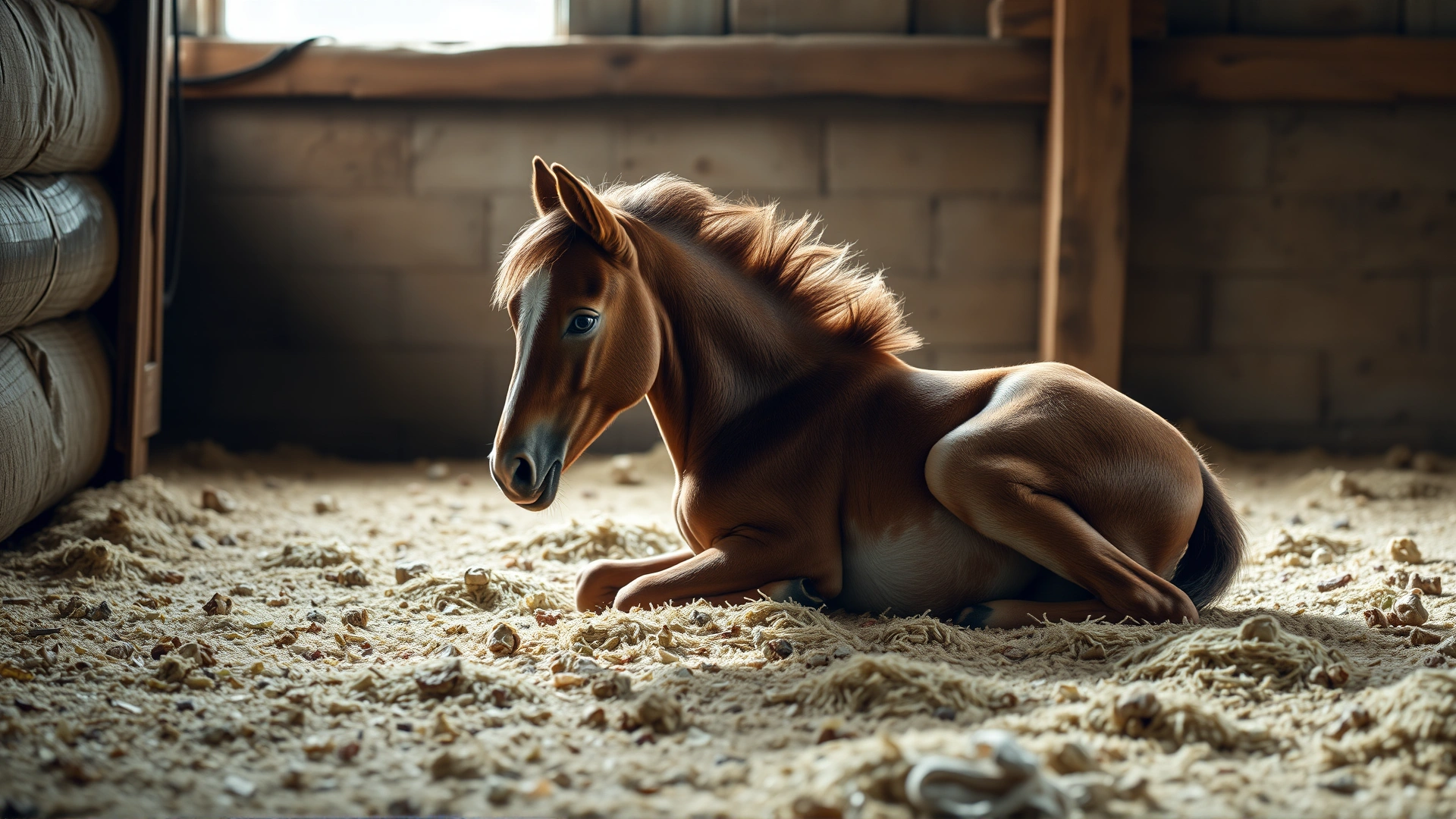 Young Arabian foal lying on soft bedding in a stable showing mild seizure movement, realistic photograph, soft indoor lighting