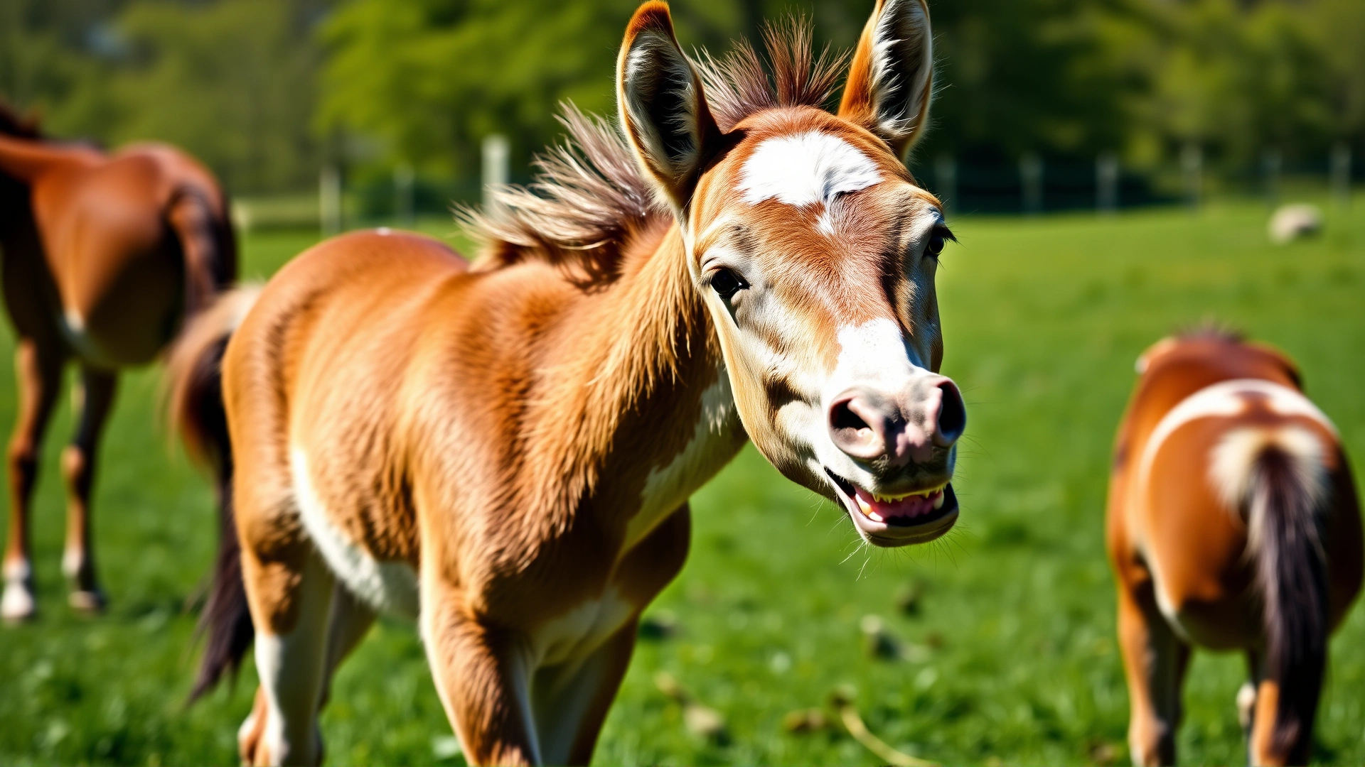 Playful foal standing in a green pasture, turning its head toward the camera with mouth slightly open, revealing its small baby incisors; bright spring day.