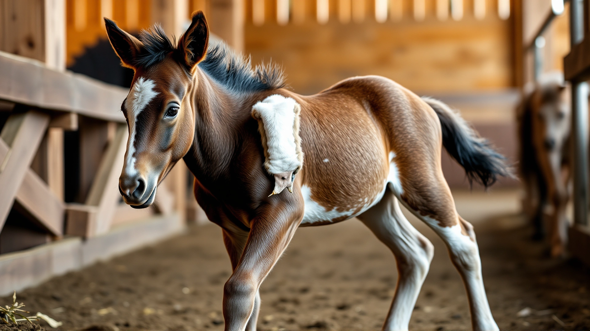 Close-up of a newborn foal taking its first uncertain steps in a barn, showing a wide stance and mild head tremor, no text on image