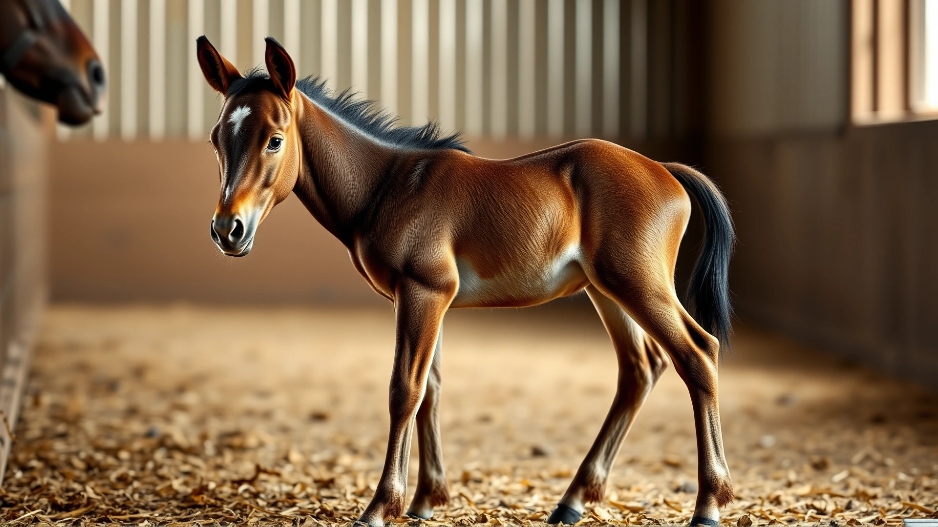 Newborn foal standing on its tiptoes due to flexural deformity inside a well-lit barn, straw bedding on the floor, subtle depth of field draws attention to the limbs.