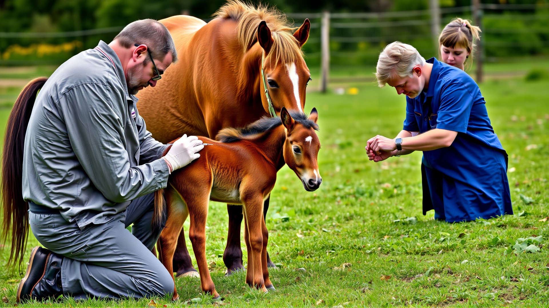 A veterinarian kneeling to vaccinate a young foal while the mare watches protectively in the background